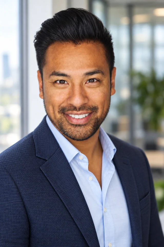 Professional portrait of the same man in a navy blazer by a bright office window.