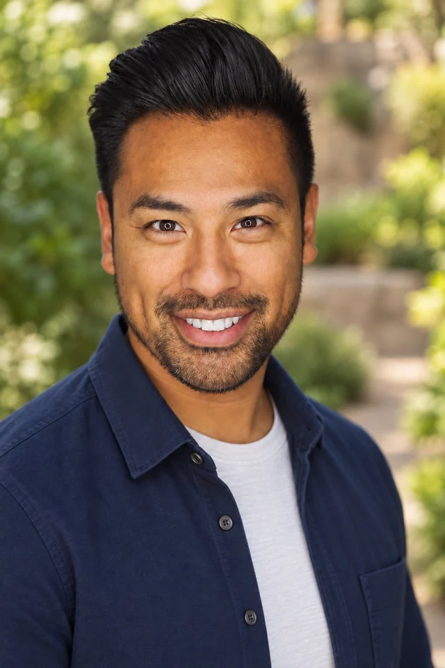 Professional portrait of the same man in an outdoor setting.