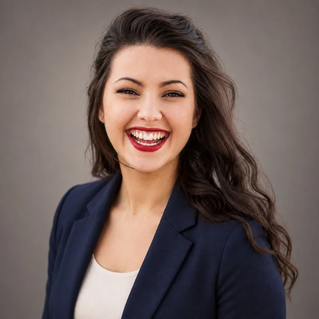 Studio portrait of the same woman in a navy blazer against a warm gray backdrop.