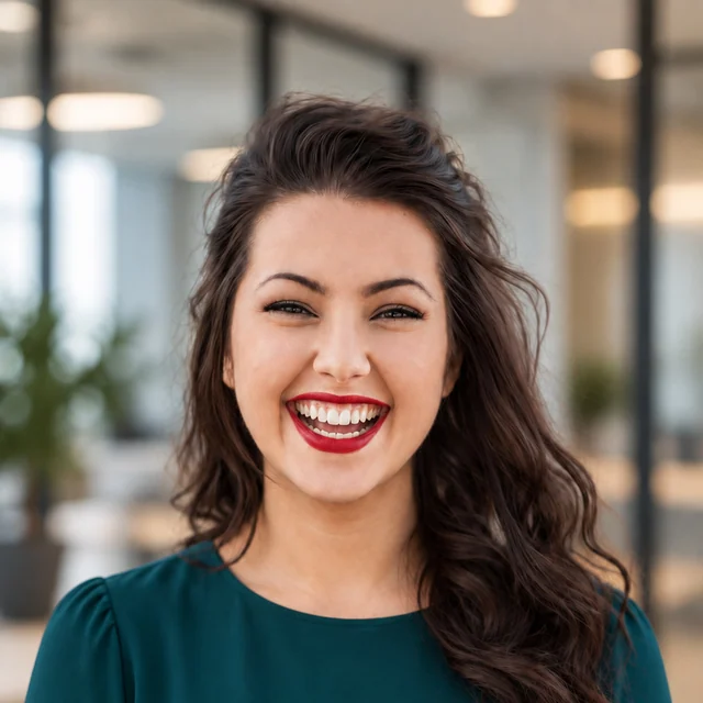 Professional portrait of the same woman wearing a teal blouse in a softly blurred office.