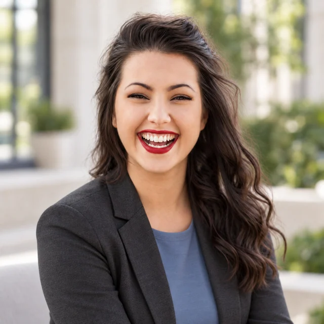 Selected headshot before editing: a woman wearing a charcoal jacket in a bright courtyard.