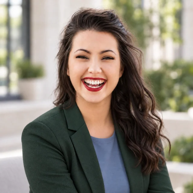 Edited headshot of the same woman in a forest-green jacket, with the original courtyard background.