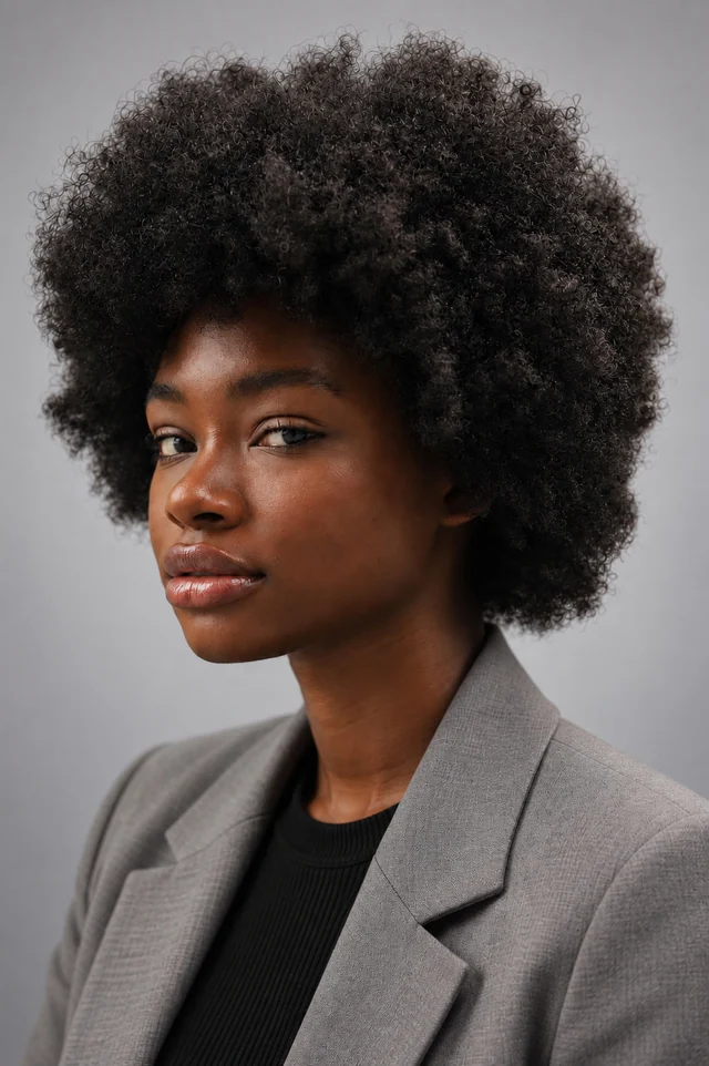 Professional headshot of a woman with natural textured hair wearing a gray blazer against a gray background.